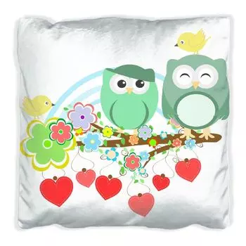 Подушка Wallario Premium, мягкая поверхность, с разноцветными совами и маленькими птичками на ветке, размер: 60 х 60 см, с белой спинкой