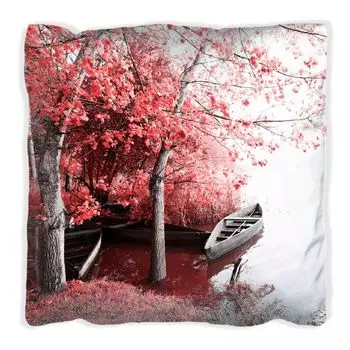 Подушка Wallario Premium, мягкая поверхность, с романтическим красно-белым мотивом причала для лодки, размер: 40 x 40 см, с белой спинкой