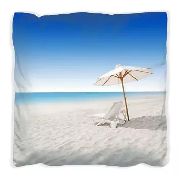Подушка Wallario Premium, мягкая поверхность, с шезлонгом на белом пляже под мотивом голубого неба, размер: 60 х 60 см, с белой спинкой