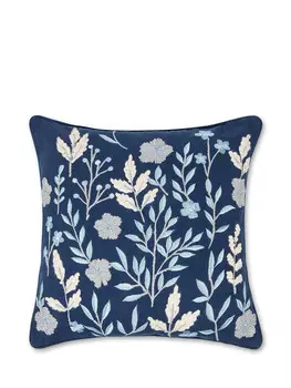 Подушка вышитая цветами и листьями 45Х45см Coincasa, синий