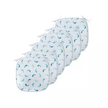 Подушки ABAKUHAUS Sea Creatures для стульев для столовой, прыгающие млекопитающие, декоративная водонепроницаемая подушка с ремнями для кухонных сидений, 40 см x 40 см — упаковка из 6 шт., бирюзовый синий, белый