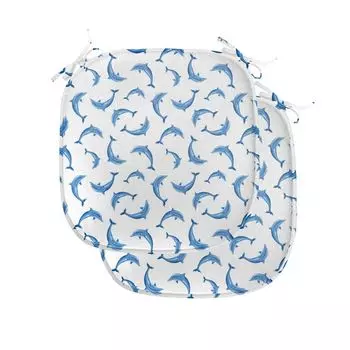 Подушки ABAKUHAUS Sea Creatures для стульев для столовой, «Дикие животные под водой», декоративная водонепроницаемая подушка с ремнями для кухонных сидений, 40 см x 40 см — упаковка из 2 шт., синий белый