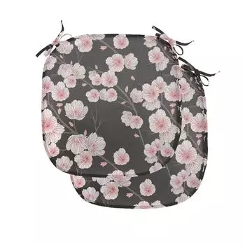 Подушки для обеденного стула ABAKUHAUS Cherry Blossom, натуральный деревенский стиль, декоративная водонепроницаемая подушка с ремнями для кухонных сидений, 40 см x 40 см — упаковка из 2 шт., темно-коричневый, румяно-белый, черный