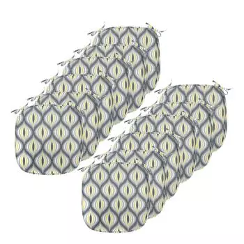 Подушки для обеденного стула ABAKUHAUS Ikat, Ogee Shapes Vintage Pale, декоративная водонепроницаемая подушка с ремнями для кухонных сидений, 40 см x 40 см — упаковка из 12 шт., желтый, белый, серый, черный