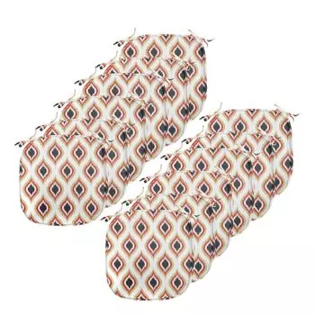 Подушки для обеденного стула ABAKUHAUS Ikat, овальный узор «павлиний хвост», декоративная водонепроницаемая подушка с ремнями для кухонных сидений, 40 см x 40 см — упаковка из 12 шт., кремово-красный черный