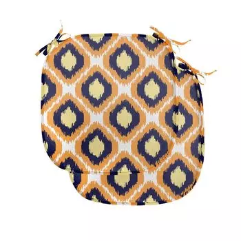 Подушки для обеденного стула ABAKUHAUS Ikat, яркий индонезийский геометрический узор, декоративная водонепроницаемая подушка с ремнями для кухонных сидений, 40 см x 40 см — упаковка из 2 шт., оранжево-желтый индиго