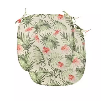 Подушки для обеденного стула ABAKUHAUS Leaf, Hawaiian Aloha Hibiscus, декоративная водонепроницаемая подушка с ремнями для кухонных сидений, 40 см x 40 см — упаковка из 2 шт., персиково-лососевый зеленый