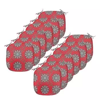 Подушки для обеденного стула ABAKUHAUS Red Mandala, декоративная водонепроницаемая подушка с вихревыми цветами и ремнями для кухонных сидений, 40 см x 40 см — упаковка из 12 шт., ярко-белый