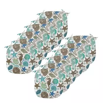 Подушки для обеденного стула ABAKUHAUS Sea Shells, морская абстракция, декоративная водонепроницаемая подушка с ремнями для кухонных сидений, 40 см x 40 см — упаковка из 12 шт., морская пена, коричнево-синий, коричневый