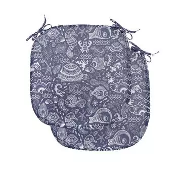 Подушки для обеденного стула ABAKUHAUS Under the Sea, ракушки и растения, декоративная водонепроницаемая подушка с ремнями для кухонных сидений, 40 см x 40 см — упаковка из 2 шт., темно-синий белый