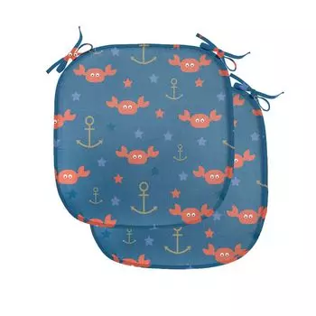 Подушки для обеденного стула ABAKUHAUS Under the Sea, якоря-крабы, декоративная водонепроницаемая подушка с ремнями для кухонных сидений, 40 см x 40 см — упаковка из 2 шт., синий, оранжевый, светло-коричневый