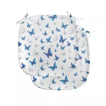 Подушки на обеденный стул ABAKUHAUS Butterflies, тропический лес, декоративная водонепроницаемая подушка с ремнями для кухонных сидений, 40 см x 40 см — упаковка из 2 шт., черный, белый, синий