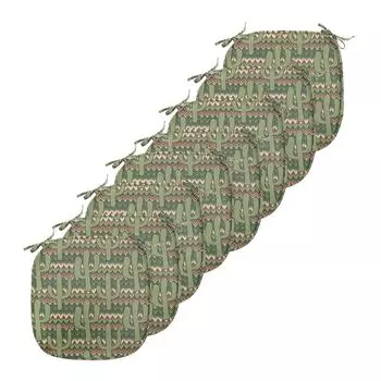 Подушки на обеденный стул ABAKUHAUS Cactus, мультяшный зигзаг Сагуаро, декоративная водонепроницаемая подушка с ремнями для кухонных сидений, 40 см x 40 см — упаковка из 8 шт., зеленый, светло-коричневый, бежевый