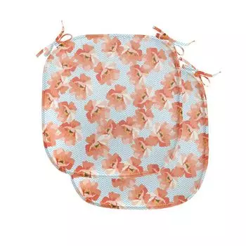 Подушки на обеденный стул ABAKUHAUS Coral, Romantic Poppy Blu, декоративная водонепроницаемая подушка с ремнями для кухонных сидений, 40 см x 40 см — упаковка из 2 шт., коралловый бледно-голубой желтый
