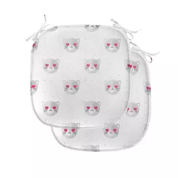 Подушки на обеденный стул ABAKUHAUS emoji, Kitty Faces Pink Hearts, декоративная водонепроницаемая подушка с ремнями для кухонных сидений, 40 см x 40 см — упаковка из 2 шт., белый, серый, розовый