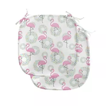 Подушки на обеденный стул ABAKUHAUS Flamingo, Donuts Hawaii Animals, декоративная водонепроницаемая подушка с ремнями для кухонных сидений, 40 см x 40 см — упаковка из 2 шт., розовая, мятно-зеленая, бежевая, белый