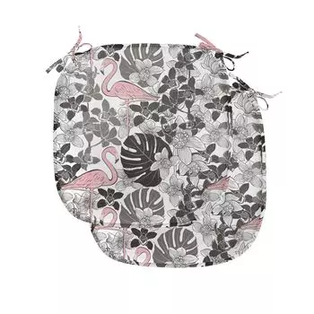 Подушки на обеденный стул ABAKUHAUS Flamingo, пальма орхидеи, декоративная водонепроницаемая подушка с ремнями для кухонных сидений, 40 см x 40 см — упаковка из 2 шт., коралловый черный серый
