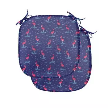 Подушки на обеденный стул ABAKUHAUS Flamingo, волнистые морские птицы, декоративная водонепроницаемая подушка с ремнями для кухонных сидений, 40 см x 40 см — упаковка из 2 шт., фиолетовый синий темно-коралловый
