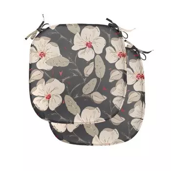 Подушки на обеденный стул ABAKUHAUS Flower, Poppy Blu Natural, декоративная водонепроницаемая подушка с ремнями для кухонных сидений, 40 см x 40 см — упаковка из 2 шт., темно-угольно-серый красный