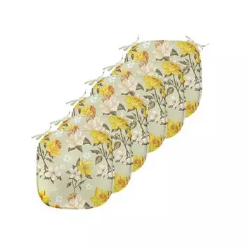 Подушки на обеденный стул ABAKUHAUS Flower, ветка нарцисса с цветочным рисунком, декоративная водонепроницаемая подушка с ремнями для кухонных сидений, 40 см x 40 см — упаковка из 6 шт., кремовый желтый хаки, бежевый