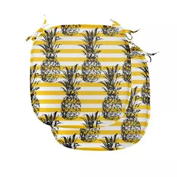 Подушки на обеденный стул ABAKUHAUS Fruit, современный мотив ананаса, декоративная водонепроницаемая подушка с ремнями для кухонных сидений, 40 см x 40 см — упаковка из 2 шт., земляно-желтый белый