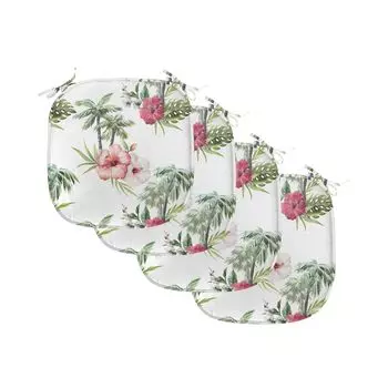 Подушки на обеденный стул ABAKUHAUS Hawaii, Palm Hibiscus, декоративная водонепроницаемая подушка с ремнями для кухонных сидений, 40 x 40 см — упаковка из 4 шт., Reseda Green Pale Pink, белый