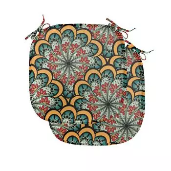 Подушки на обеденный стул ABAKUHAUS Mandala, этнические цветы пейсли, декоративная водонепроницаемая подушка с ремнями для кухонных сидений, 40 см x 40 см — упаковка из 2 шт., цвет морской пены календулы красный, черный