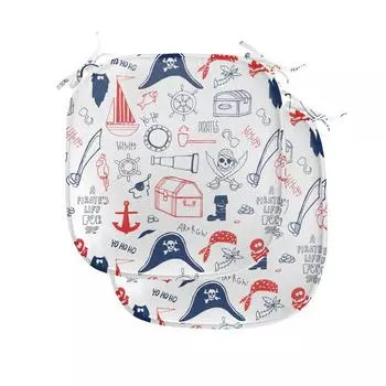 Подушки на обеденный стул ABAKUHAUS Pirates, нарисованная вручную морская тема, декоративная водонепроницаемая подушка с ремнями для кухонных сидений, 40 см x 40 см — упаковка из 2 шт., темно-синий алый белый