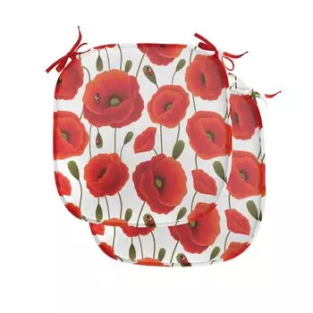 Подушки на обеденный стул ABAKUHAUS Poppy, весна с цветочным рисунком, декоративная водонепроницаемая подушка с ремнями для кухонных сидений, 40 см x 40 см — упаковка из 2 шт., оранжевый, зеленый, белый