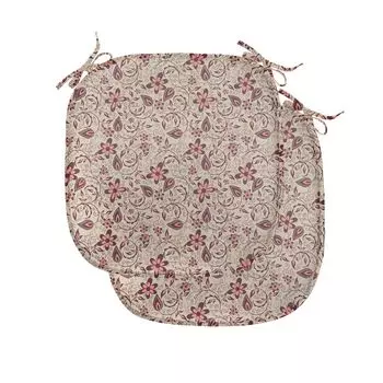 Подушки на обеденный стул ABAKUHAUS с цветочным принтом, Blooming Spring Retro, декоративная водонепроницаемая подушка с ремнями для кухонных сидений, 40 см x 40 см — упаковка из 2 шт., Кораллово-бордовый, серебро