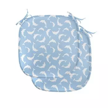 Подушки на обеденный стул ABAKUHAUS Sea Creatures, узор дельфина, декоративная водонепроницаемая подушка с ремнями для кухонных сидений, 40 см x 40 см — упаковка из 2 шт., нежно-голубой белый, синий
