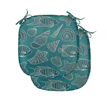 Подушки на обеденный стул ABAKUHAUS Sea Shells, дизайн Ocean Line, декоративная водонепроницаемая подушка с ремнями для кухонных сидений, 40 см x 40 см — упаковка из 2 шт., бензиново-бирюзово-бежевый, синий