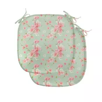 Подушки на обеденный стул ABAKUHAUS Shabby Flora, весенние цветы в стиле ретро, декоративная водонепроницаемая подушка с ремнями для кухонных сидений, 40 см x 40 см — упаковка из 2 шт., мятно-розовый, серебро