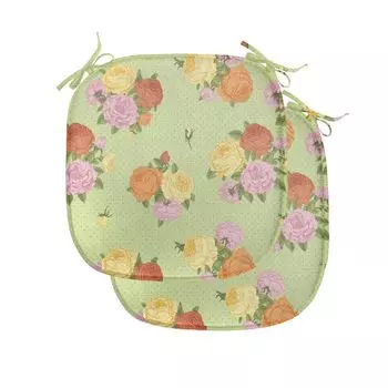 Подушки на обеденный стул ABAKUHAUS Shabby Flora, винтажная цветочная роза, декоративная водонепроницаемая подушка с ремнями для кухонных сидений, 40 см x 40 см — упаковка из 2 шт., светло-зеленый бледно-розовый