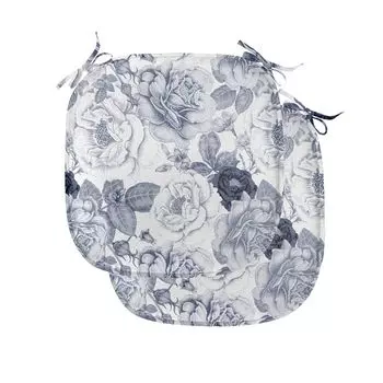 Подушки на обеденный стул ABAKUHAUS Shabby Flora, Garden Spring Roses, декоративная водонепроницаемая подушка с ремнями для кухонных сидений, 40 см x 40 см — упаковка из 2 шт., сине-серый белый серый