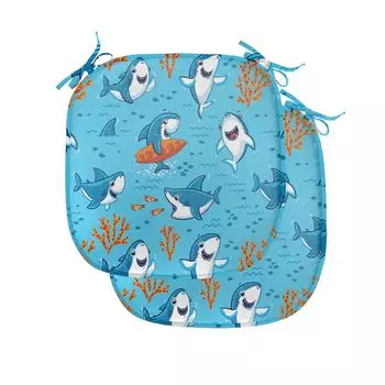 Подушки на обеденный стул ABAKUHAUS Shark, Underwater Funny World, декоративная водонепроницаемая подушка с ремнями для кухонных сидений, 40 см x 40 см — упаковка из 2 шт., оранжевый, белый, синий
