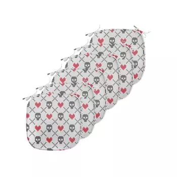 Подушки на обеденный стул ABAKUHAUS Skull, Skull Red Hearts, декоративная водонепроницаемая подушка с ремнями для кухонных сидений, 40 см x 40 см — упаковка из 6 шт., кокосово-серый красный, белый