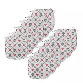 Подушки на обеденный стул ABAKUHAUS Skull, Skull Red Hearts, декоративная водонепроницаемая подушка с ремнями для кухонных сидений, 40 см x 40 см — упаковка из 12 шт., кокосово-серый красный, белый