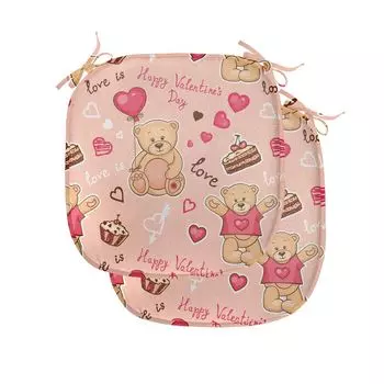 Подушки на обеденный стул ABAKUHAUS Valentines, воздушный шар в виде медвежьего торта, декоративная водонепроницаемая подушка с ремнями для кухонных сидений, 40 см x 40 см — упаковка из 2 шт., коричневый персиково-коралловый красный