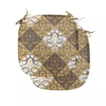 Подушки на обеденный стул ABAKUHAUS в восточном стиле, дамасский узор и завитки, декоративная водонепроницаемая подушка с ремнями для кухонных сидений, 40 см x 40 см — упаковка из 2 шт., песочно-коричневый, белый, янтарно-коричневый