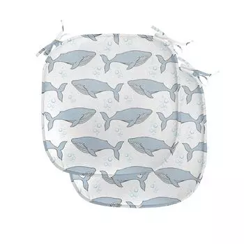 Подушки на обеденный стул ABAKUHAUS Whale, Giants of Aquatic World, декоративная водонепроницаемая подушка с ремнями для кухонных сидений, 40 см x 40 см — упаковка из 2 шт., белый бледно-синий