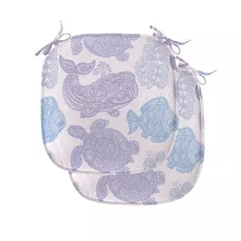 Подушки на обеденный стул ABAKUHAUS Whale, Sea Life Paisley Mehndi, декоративная водонепроницаемая подушка с ремнями для кухонных сидений, 40 см x 40 см — упаковка из 2 шт., фиолетовый бледно-розовый синий