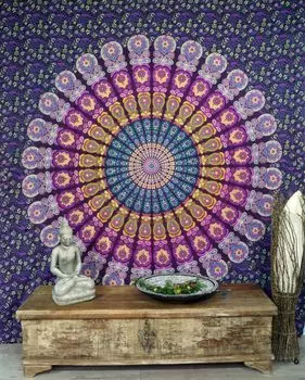 Подвеска в стиле бохо, индийское покрывало с принтом мандалы - синий/фиолетовый, фиолетовый, хлопок, 220*210** см, покрывало для кровати, покрывало для дивана Guru-Shop