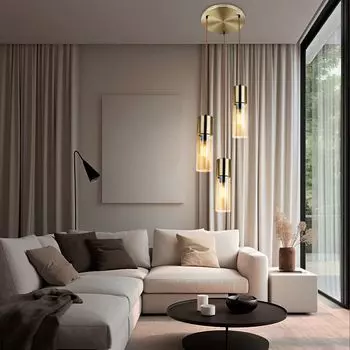 Подвесной светильник, 3 пламени, латунь, стекло, янтарный, H150см Globo Lighting, золото