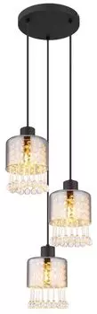 Подвесной светильник Globo Lighting, черный матовый металл, дымчатое стекло, прозрачные акриловые капли, прозрачные стеклянные кристаллы, черный ПВХ-кабель, высота может быть уменьшена, : 330 мм, В: 1200 мм, без 3x E27 15 Вт 230 В.