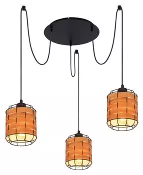 Подвесной светильник Globo Lighting, черный матовый металл, имитация дерева, коричневый, черный текстильный кабель, вкл. 3 кабельных подвеса, : 385 мм, В: 2000 мм, без 3x E27 40 Вт, 230 В.