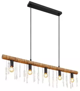 Подвесной светильник Globo Lighting, черный матовый металл, коричневое дерево, кристаллы из прозрачного стекла, черный текстильный кабель, кристаллы для наматывания, ДxШxВ: 900x60x1200 мм, без 5x E14 40 Вт 230 В.
