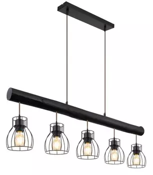Подвесной светильник Globo Lighting, черный матовый металл, черный металл, черный металл, текстильный кабель цвета шампанского, деревянная балка из обожженного дерева, ДxШxВ: 1040x136x1400 мм, без 5x E27 60Вт 230В.