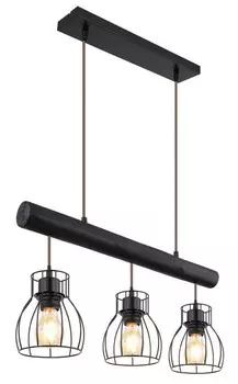 Подвесной светильник Globo Lighting, черный матовый металл, черный металл, черный металл, текстильный кабель цвета шампанского, деревянная балка из обожженного дерева, ДxШxВ: 600x136x1400 мм, без 3x E27 60 Вт 230 В.
