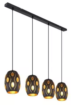 Подвесной светильник Globo Lighting, черный металл, декоративная перфорация черный металл, цвет золота, акриловые кристаллы янтарного цвета, ДxШxВ: 900x150x1200 мм, без 4x E27 40Вт 230В.